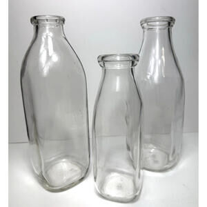 VTG Milk Bottles Clear Plain Glass Set of 3 Tall Quart Short Half Pint